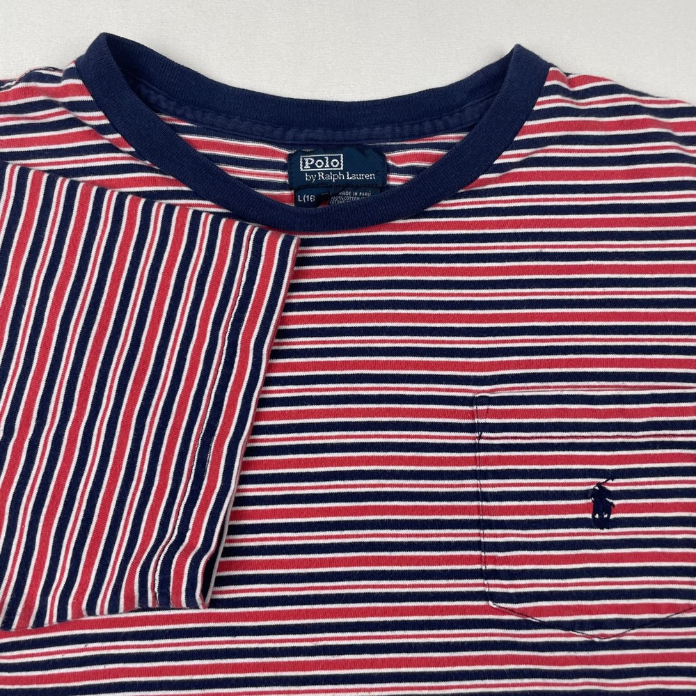 Polo Ralph Lauren Kids Boys Striped Pocket T-Shirt Red White Navy Blue L 16/18